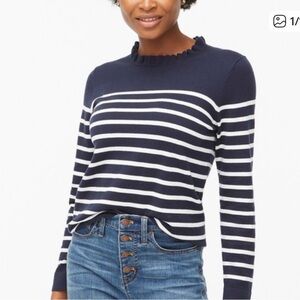 J. Crew Classic Navy and White Striped Ruffleneck